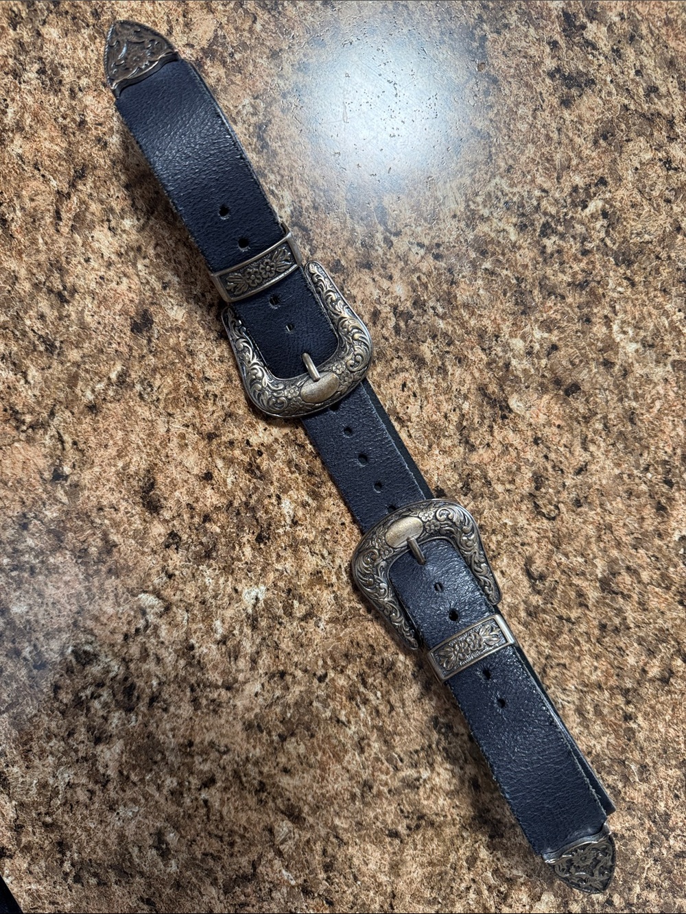 Black Leather Double Buckle Western-Style Belt Accent